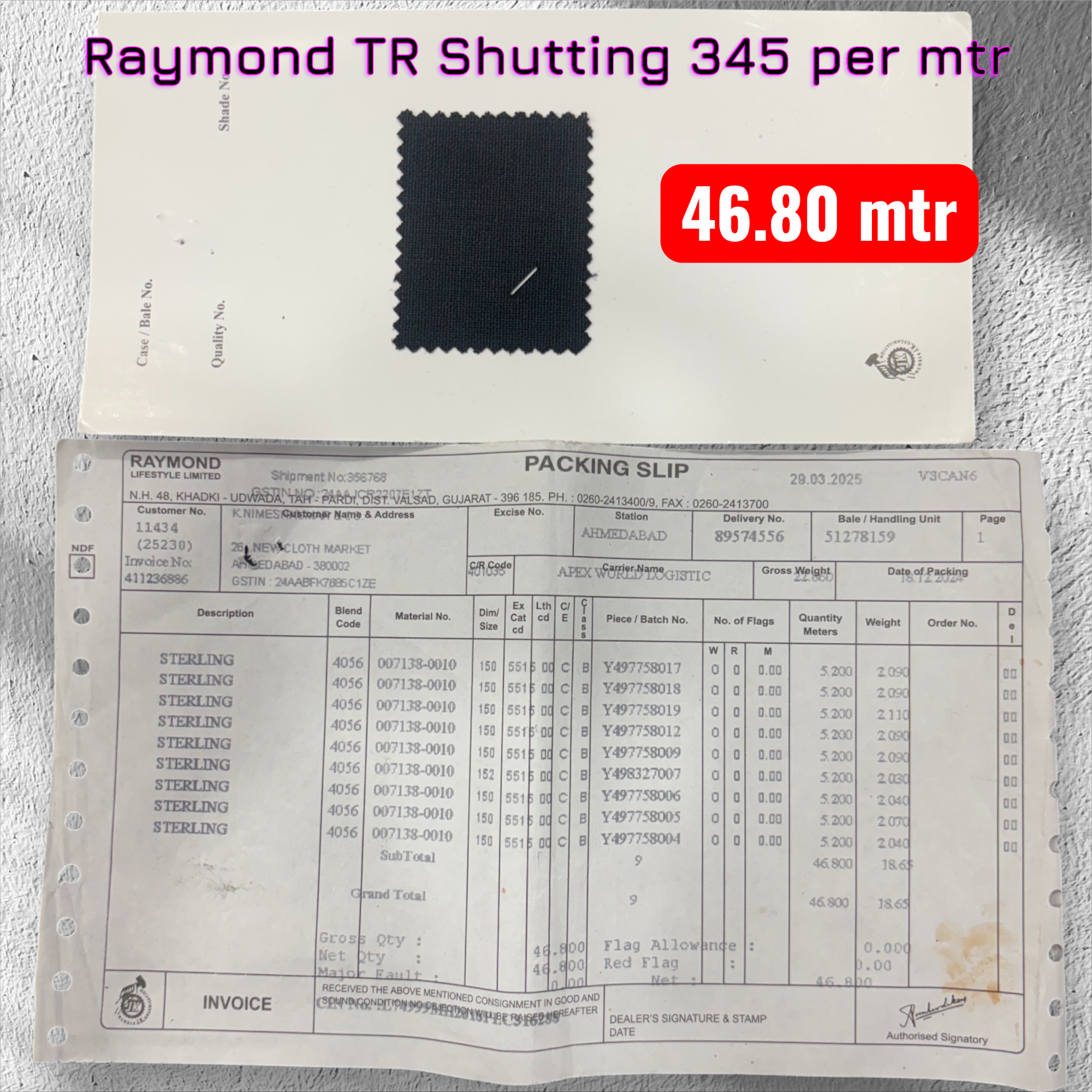 Raymond Pure TR Shuitting 345 per mtr
