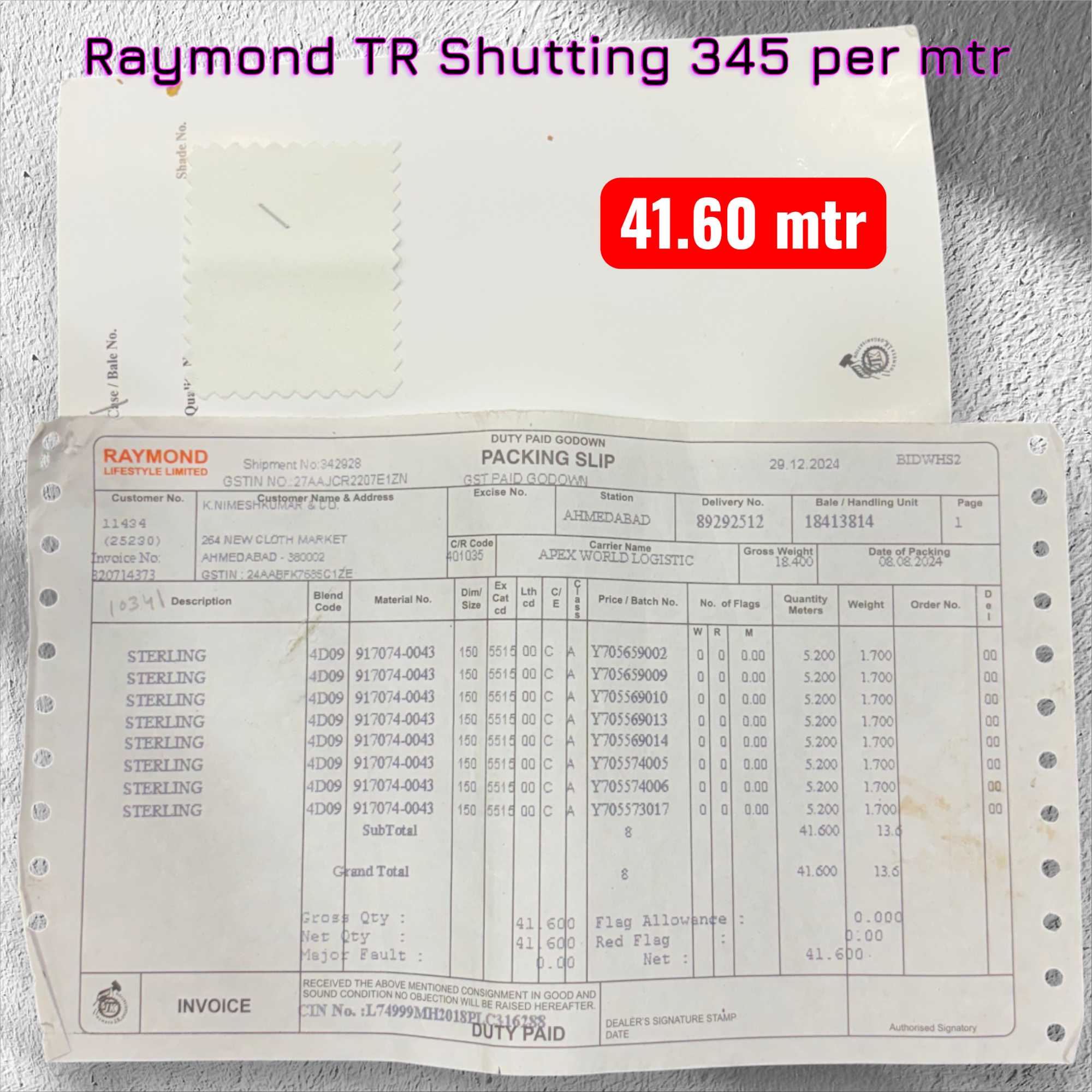 Raymond Pure TR Shuitting 345 per mtr